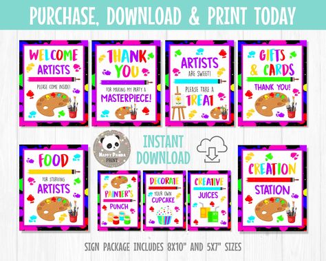 Printable Art Party Birthday Sign Package, Painting Party, Art Party DIY Signs, Party Decor, Table Signs, Welcome Sign, INSTANT DOWNLOAD Art Party Birthday, Double Birthday Parties, Happy Panda, Mermaid Invitations, Mermaid Theme Party, Splash Pad, Painting Party, Etsy Printable Art, Party Sign