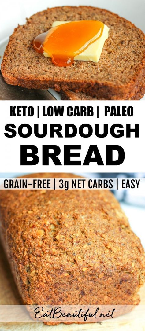 You'll love the soft, flexible texture of Keto Low Carb Sourdough Bread! Almost like a whole grain sandwich bread, but grain-free! Make sandwiches again, or toast, with this easy to digest treat! Just 3g net carbs per big slice and also Paleo! || Eat Beautiful | #ketobread #lowcarb #paleo #sourdough #bread #ketorecipes Low Carb Sourdough, Keto Sourdough, Whole Grain Sandwich, Low Carb Bread Recipes, Eat Beautiful, Keto Bread Recipes, Lowest Carb Bread Recipe, Paleo Bread, Cloud Bread