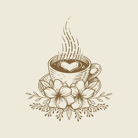 Taza de café con leche con adornos flora... | Premium Vector #Freepik #vector #flor-cafe #cafe-expreso #taza-cafe #beber-cafe Coffee Bean Flower Tattoo, Coffee Cup With Flowers Tattoo, Coffee Cup Design Drawing, Coffee Cup Tattoo Design, Coffee Cup Tattoo Vintage, Coffee Inspired Tattoos, Coffee Cup Design Art, Cafe Drawing Aesthetic, Coffee Drawing Cute