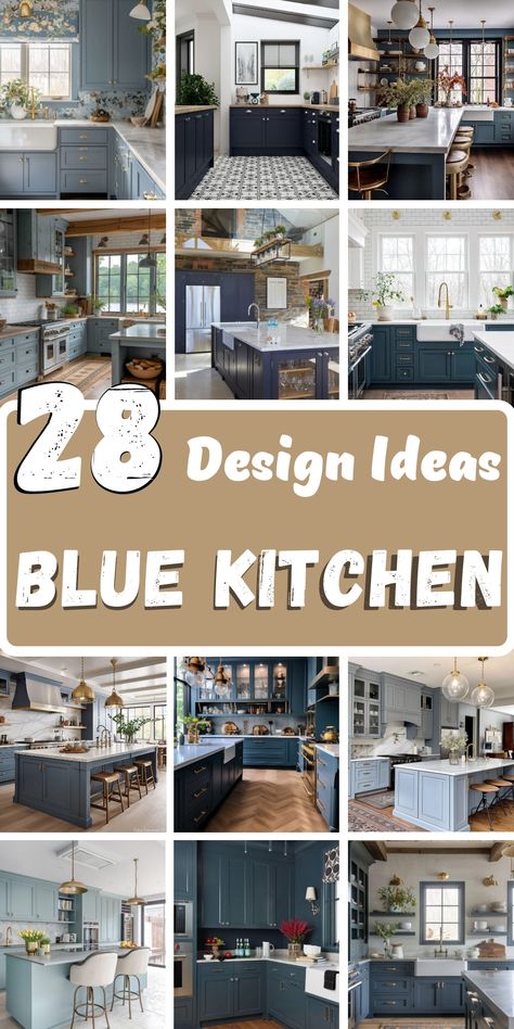 Discover Blue Kitchen Bliss with our TOP 28 breathtaking inspirations for your kitchen makeover. Explore stunning blue kitchen ideas with navy and grey cabinets, light and dark countertops, and elegant tile backsplashes. Find unique island paint colors and French-inspired designs that add sophistication to your space. Whether you're looking for a farmhouse vibe with white cabinets and countertops or a modern Mediterranean look, these ideas will help you create your dream blue kitchen. Navy Blue Cabinets Kitchen, Blue Kitchens Ideas, Island Paint Colors, Navy Blue Kitchen Island, Blue Cabinets Kitchen, Kitchen Design Blue, Kitchen With Blue Cabinets, Dark Blue Kitchen Cabinets, Navy Kitchen Cabinets