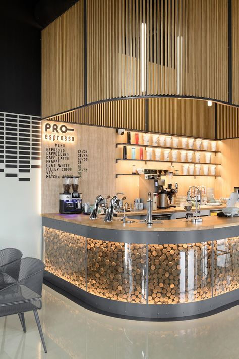 The Custom Designed Tables In This Cafe Are Like A Ribbon That Wraps Around Onto The Wall Cafe Bar Design, Modern Coffee Shop, Bar Counter Design, Cafe Counter, Coffee Bar Design, Bar Interior Design, Cafe Shop Design, Coffee Shops Interior, Home Coffee Bar