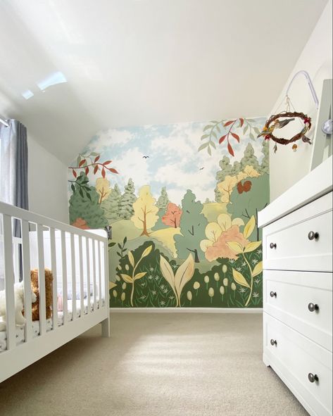 A light and calming woodland themed wall painting mural for a kids bedroom/nursery in the Cotswolds Nursery Murals Painted, Baby Room Mural, Nursery Murals, Beautiful Wall Painting, Small Baby Room, Dream Kids, Nursery Mural, Murals For Kids, Bedroom Murals