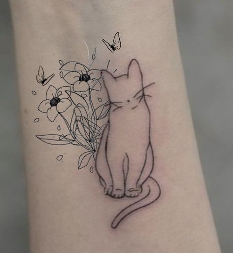 Cat With Roses Tattoo, Cat And Flower Tattoo Simple, Cat Tattoo Designs With Flowers, Cat Outline With Flowers Tattoo, Cat Sniffing Flowers Tattoo, Cat Smelling Flowers Tattoo, Cat Silhouette Tattoos With Flowers, Sunflower And Cat Tattoo, Cats And Flowers Tattoo