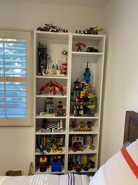 Lego Display Ideas Kids Rooms, Lego Shelf, Sensory Bedroom, Lego Display Ideas, Lego Bedroom, Lego Organization, Tall Shelves, Lego Display, Teen Boy Room