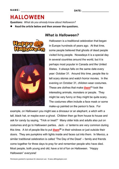 What is Halloween? Reading & Grammar Practice Halloween English Worksheets, Halloween Reading Comprehension, Ingles Kids, Halloween Vocabulary, Halloween Lesson, Esl English, Halloween Phrases, Halloween Reading, What Is Halloween