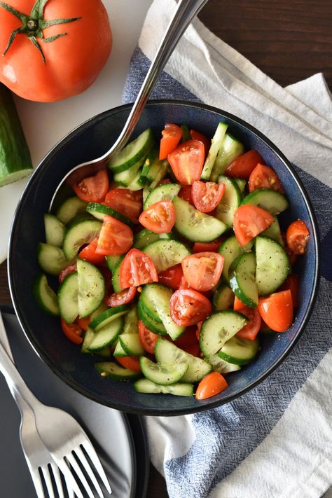 Simple Cucumber Tomato Salad Cucumber Salad Aesthetic, Tomatoes And Cucumbers, Cherry Tomato Salad, Salad Aesthetic, Tomato Cucumber Salad, Cucumber Tomato Salad, Vegetarian Protein, Tomato Cucumber, 2000 Calories