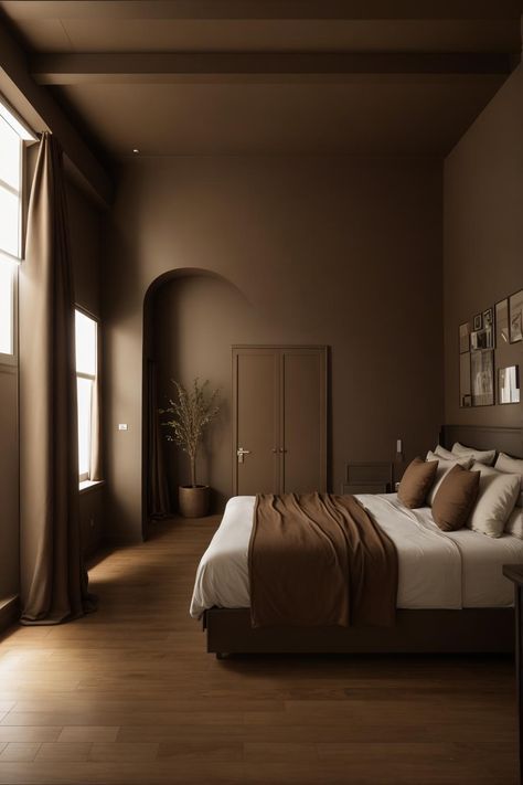 House Design Earth Tones, Brown Rooms Ideas, Sand Colored Bedroom, Brown Wall Painting Ideas, Brown Wall Aesthetic, Dark Brown Wall Paint, Brown Aesthetic House, Dark Beige Paint, Light Brown Wall Paint