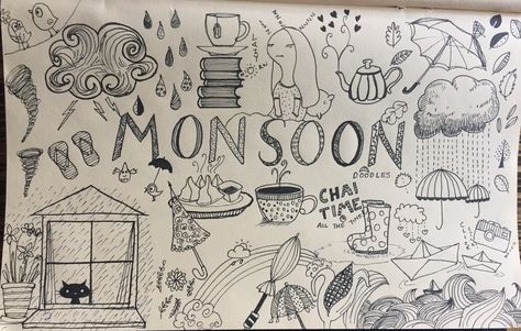 Cause it's monsoon time, hence doodling time!   Monsoon. Doodle. Rain. Cloud. Umbrella. Monsoon Doodle Art, Monsoon Poster Design, Doodling In Class Aesthetic, Monsoon Sketch, Monsoon Doodle, Monsoon Drawings Ideas, Rain Aesthetic Drawing, Monsoon Drawings, Rain Doodle