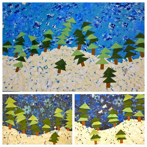 Winter Trees Winter Mural, Goodbye Autumn, Winter Art Ideas, Green Scrapbook, Kindergarten Art Activities, Prek Art, January Preschool, Winter Crafts Preschool, Landscape Collage