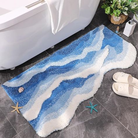 Blue Wave Rug 47 x 24 Inch Tufted Ocean Waves Area Rug Ocean Rug with Nonslip Backing Coastal Bathroom Rugs Washable 3D Waves Bath Mats for Home Living Room Bathroom Bedroom Kitchen Decor Bathroom Area Rug, Kawaii Bathroom, Wave Rug, Bathroom Area Rugs, Ocean Wave Design, Ocean Themed Bathroom, Ocean Bathroom, Ocean Rug, 3d Rug