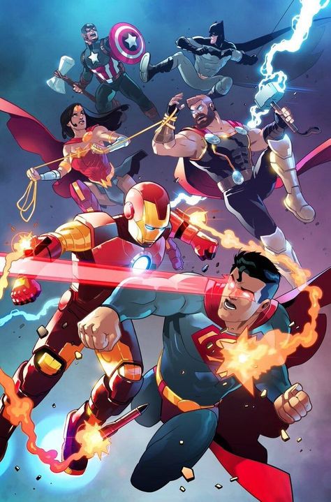 Marvel's Avengers take on DC's Justice League in a battle of different Earth's Mightiest Heroes in this epic crossover art from Stephen Byrne. Thor Vs Superman, Avengers Vs Justice League, Art Dc Comics, Dc Comics Vs Marvel, Marvel And Dc Crossover, Dc Comics Wallpaper, Marvel Artwork, Arte Dc Comics, Marvel Comics Wallpaper