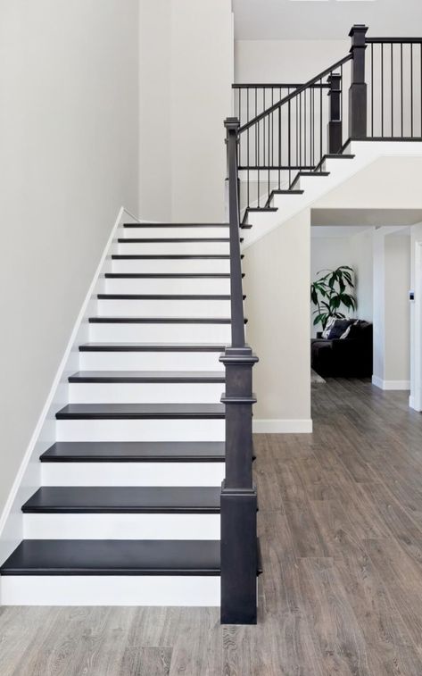 Dark And White Staircase, Black Indoor Stairs, Black Stairs White Walls, Matte Black Railing Stairs, Painted Black Stair Railing Modern, French Country Stair Banister, Dark Gray Staircase, Dark Floor With Light Furniture, Stairs White And Black