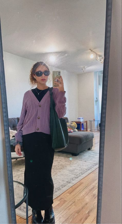 Doc Marten Long Skirt Outfit, Fall Long Black Skirt Outfits, Long Cardigan Vest Outfit, Long Skirts With Doc Martens, Long Skirt And Docs, Style Purple Cardigan, Purple Cardigan Aesthetic, Modest Doc Martens Outfit, Long Skirt Outfits With Cardigan