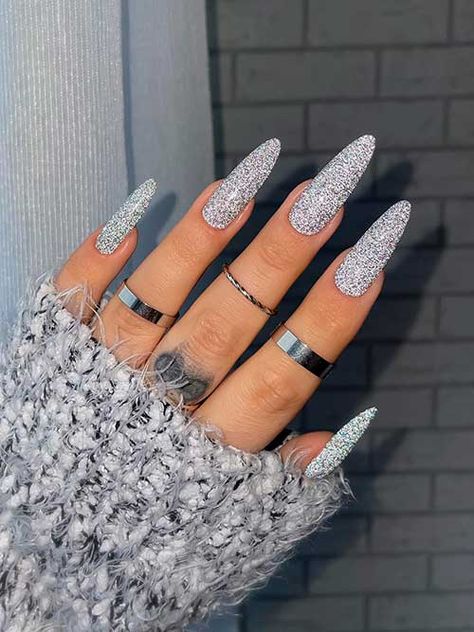 Trendy Silver Nails, Silver Sparkle Nails Almond, New Years Nails Silver Glitter, New Year Nails Design 2024 Almond, New Years Nails Long, Silver Nails Christmas, New Years Nails 2024, New Years Nails Silver, White New Years Nails