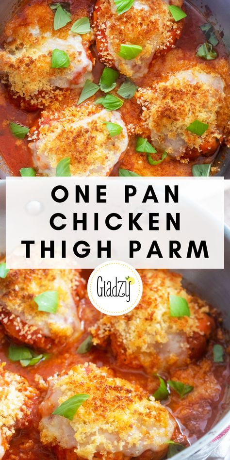 Chicken Thigh Parmesan, Chicken Thigh Parmesan Recipe, Weeknight Chicken, Marinara Recipe, Jo Cooks, Garlic Recipe, Thighs Chicken, Chicken Thigh Recipes Oven, One Pan Chicken