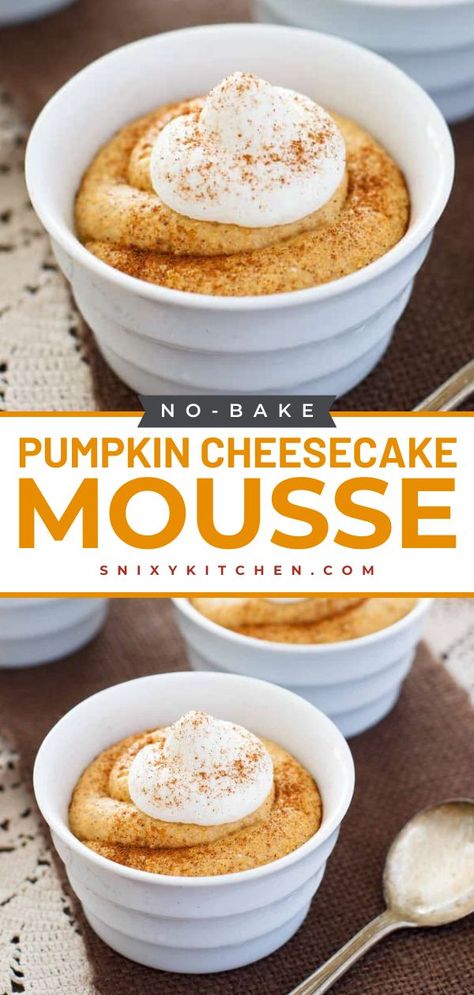 This No Bake Pumpkin Cheesecake Mousse is one of the best pumpkin desserts to add to your Thanksgiving sweet treats! This recipe is so simple that you can whip it together in about five minutes. Pin this recipe! Pumpkin Cheesecake Mousse, No Bake Pumpkin, No Bake Pumpkin Cheesecake, Pumpkin Mousse, Vegan Pumpkin Pie, Cheesecake Mousse, Keto Pumpkin, Dessert Aux Fruits, Desserts Vegan