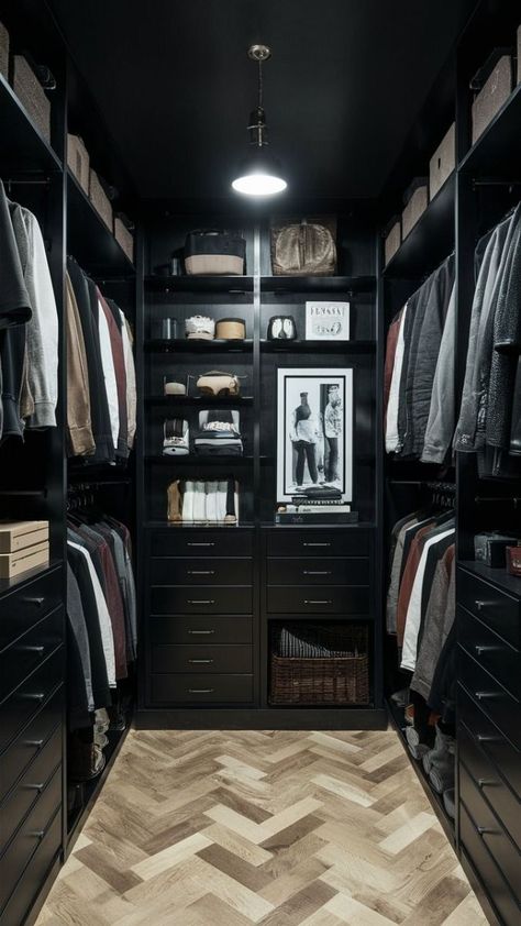 Mans Closet Ideas, Apartment Decorating Closet, Guy Closet Ideas, Black Home Organization, Black Closet Aesthetic, Men Closet Aesthetic, Men’s Closet Layout, Men Wardrobe Design, Modern Black Closet