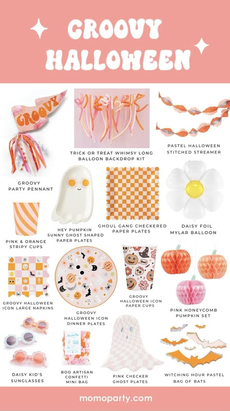 Pink Orange Halloween Party, Pink And Orange Halloween Party, Groovy Halloween Birthday Party, Groovy Halloween Birthday, Groovy Ghost Party, Pink Halloween Party Ideas, Preppy Halloween Party, Groovy Halloween Decor, Hippie Halloween Party