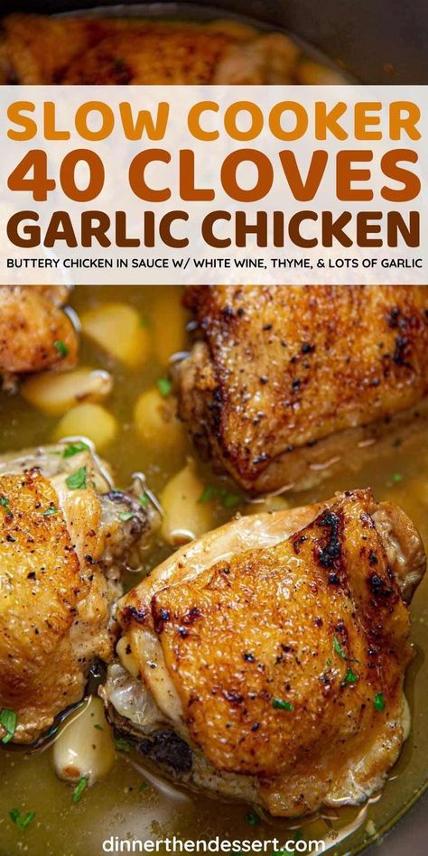 Garlic Chicken Crockpot, Garlic Chicken Slow Cooker, 40 Clove Garlic Chicken, Garlic Chicken Recipe, Slow Cooker Chicken Thighs, Dinner Then Dessert, Garlic Chicken Recipes, Budget Meal Planning, Crockpot Slow Cooker