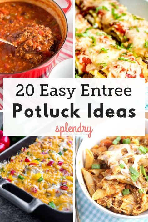 Whether you've got a church potluck to attend, or a holiday party crowd to feed, we've got 20 of the easiest and most delicious entree recipes to try! From slow cooker pastas to yummy casseroles, there's something for everyone! #potluck #recipesforacrowd #feedacrowd #easyrecipes #potluckrecipes #slowcookerrecipes #casserole Good Potluck Ideas, Large Easy Meals For Party, Large Gathering Dinner Ideas, Things To Take To A Potluck, Potluck Entrees Main Dishes, Entree Recipes For A Crowd, Main Party Dishes, Summer Potluck Main Dish, Easter Pot Luck Ideas Parties