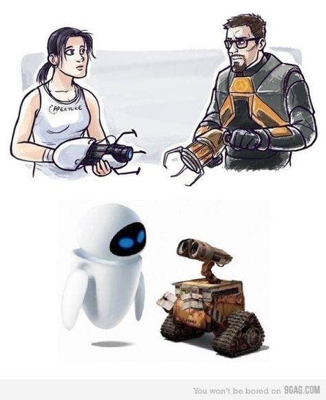 Chell and Gordon, Eve and Wall-E Portal Valve, Portal Memes, Gordon Freeman, Portal Art, Valve Games, Aperture Science, Steam Games, Portal Game, Portal 2