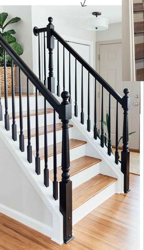 Mountain Stairs, Black Painted Stairs, Black Stair Railing, Railing Makeover, Stair Railing Makeover, Diy Staircase Makeover, Stairs Makeover Ideas, Black Staircase, Stairs Renovation