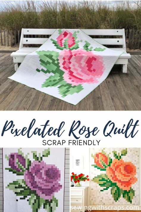 Pixilated Quilt Patterns, Pixel Rose Pattern, Pixelated Quilts Free Pattern, Pixel Art Quilt, Pixilated Quilts, Pixelated Quilt, Rose Quilt Block, Flower Quilt Blocks, Rose Quilt Pattern