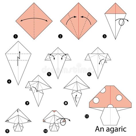 Step by step instructions how to make origami An Agaric. Toy cartoon cute paper steps origami royalty free illustration Origami Step By Step, Creative Origami, Cute Origami, Origami Patterns, Instruções Origami, Origami Paper Art, How To Make Origami, Origami Instructions, Origami Animals