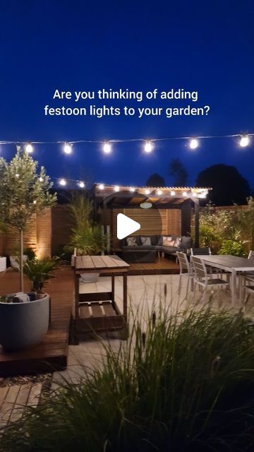 Kate Ward on Instagram: "Are you thinking of adding festoon lights to your outdoor space this year? Here's how we hung ours! 💡 

We wanted our festoon lights to be a permanent feature in the patio, so we hung them using festoon poles and brackets on the pergola and brick wall. We have an outdoor power source, so we were able to plug them straight in 🔌 

A support wire takes the pressure off the cable and helps to maintain the tension and prevent sagging. You can use hooks to connect the cable to the support wire, but we used cable ties. 

Hope you find this useful! 

#festoon #festoonlights #patio #gardenlights #decking #pergola #gardenideas #gardendecor" Solar Festoon Lights Garden, Festoon Lights Pergola, Deck Lights Ideas Hanging, Festoon Lights Backyard, Festoon Pole, Festoon Lighting Garden, Decking Pergola, Backyard Table, Bbq Gazebo