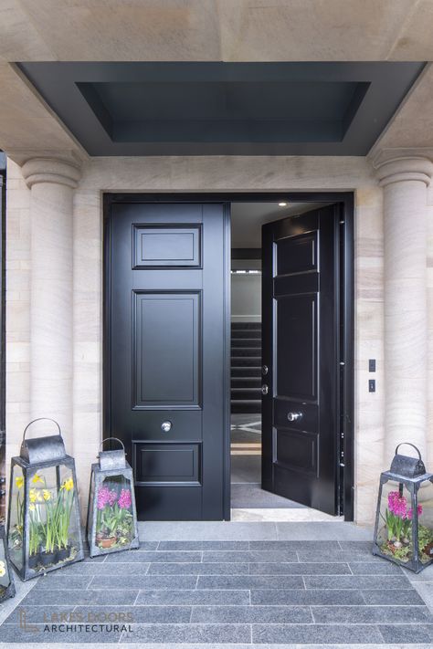 Two Door Entrance Front Entry, Black Front Double Doors, Black Double Doors Entrance, Front Door Double Doors Entrance, Black Double Front Doors, Front Double Door Ideas, Double Front Doors Entrance, Black Double Doors, Exterior Double Front Doors