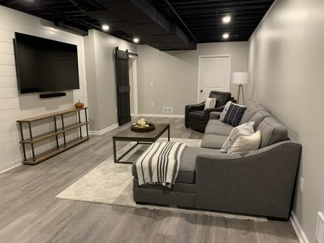 Closed Family Room Layout, Black And Grey Basement Ideas, Basic Basement Ideas, Black And Gray Basement, Grey And White Basement Ideas, Furnished Basement Ideas, Small Cozy Basement Ideas, Black And White Basement Ideas, Finished Basement Ideas On A Budget