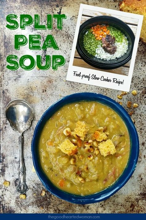 You just can't beat a bowl of thick, savory old-fashioned split pea soup with ham on a cold day. Comforting and hearty, this simple, virtually bulletproof recipe is an easy, economical way to repurposed leftover ham and ham bones, too.#souprecipe #slowcooker #slowcookerrecipes #slowcookersoup #splitpeas #foolproofrecipes #easyrecipes Crock Pot Pea Soup With Ham Bone, Old Fashioned Split Pea And Ham Soup, Pea Soup With Ham Bone Slow Cooker, Slow Cooker Split Pea Soup With Ham Bone, Split Pea Soup Ham Bone, Split Pea Soup With Hambone, Ham Bone Split Pea Soup, Split Pea Soup Recipes, Pea Soup Crockpot