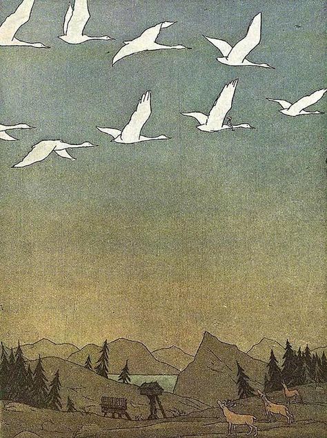 Boris Diodorov "Miraculous journey of Nils with wild geese" Wild Geese, Ethereal Art, Woodblock Print, Swans, Book Illustration, Bird Art, Linocut, Vintage Illustration, Classic Art