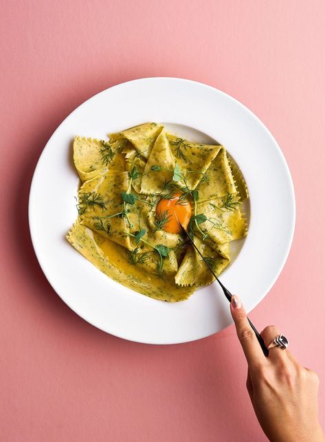 PARSLEY-SPECKLED HANDKERCHIEF PASTA WITH BUTTER SAUCE & CONFIT EGG YOLK - Cuisine Magazine - From New Zealand to the World Pasta With Butter Sauce, Egg Yolk Pasta Recipes, Handkerchief Pasta, Bobby Flay Anchovy Butter Pasta, Pasta With Butter, Egg Yolk Ravioli, Butter Sauce For Pasta, Pasta Roller, Butter Pasta