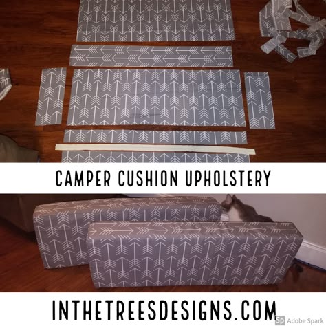 Details on how I upholstered our camper dinette back and seat with outdoor canvas and vinyl. With kids in and out of the travel trailer, easy to clean is my favorite option.  #cushions #sew #diy #campercushion #camper #zipper #fabric Tent Trailer Remodel, Camper Cushions, Popup Camper Remodel, Glamper Camper, Camper Remodeling, Camper Redo, Camper Trailer Remodel, Camper Hacks, Camper Reno