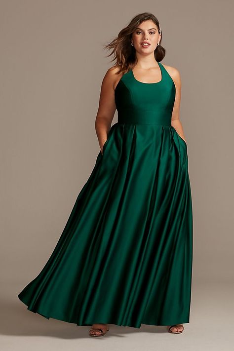 Satin Racerback Plus Size Ball Gown with Cutout | David's Bridal Evening Dinner Party, Dinosaur Wedding, Plus Size Ball Gown, Ball Gown Silhouette, Dinner Gowns, Gown Silhouette, Cutout Style, Evening Dinner, Long Cocktail Dress