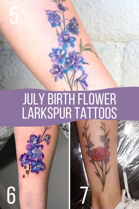 July Birth Flower Tattoos {The Larkspur} - TattooGlee Flower For July Birth Tattoo, July Birthday Flower Tattoo, Larkspur Bouquet Tattoo, July Flowers Tattoo, July Birth Tattoo Ideas, July Birth Flower Tattoo Larkspur Water Lilies, Birth Flower Tattoos July, July Tattoo Ideas Birth Month, Larkspur And Rose Tattoo