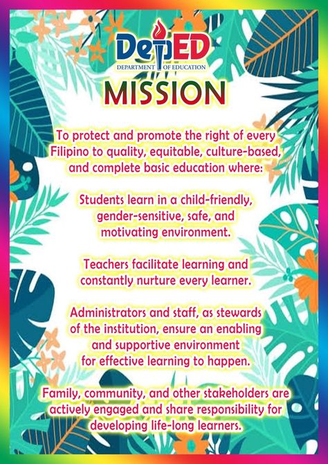 School Mission And Vision, Deped Mission Vision Core Values, Deped Mission Vision, Deped Vision, Deped Mission, Tropical Borders, Classroom Posters Elementary, Classroom Structure, Classroom Bulletin Boards Elementary