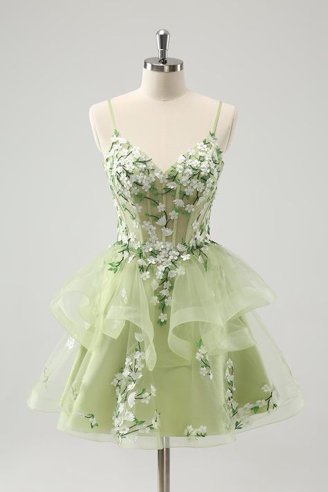 Lace Hoco Dresses Short, Fairytale Dress Homecoming, Short Unique Dress, White Dress With Green Flowers, Fairy Hoco Dress, Short Light Green Dress, Sage Green Dress Short, Sage Green Homecoming Dress, Light Green Hoco Dress