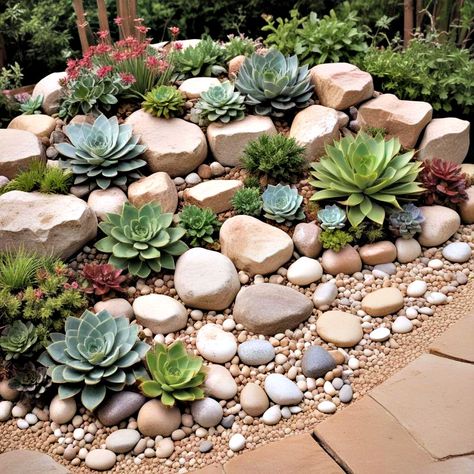 Landscaping With Succulents Front Yards, Succulents Rock Garden, Rotstuin Ideas, Rock Flower Beds In Front Of House, Succulent Rock Garden Landscaping, Rockery Garden Ideas, Rocks Landscaping Ideas, Front Garden Design Ideas, Succulent Landscaping Front Yard