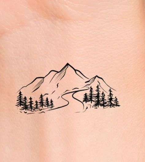 Mountain Tattoo Simple Wrist, Mountain Henna Tattoo, Denali Tattoo Alaska, Denali Mountain Tattoo, Canadian Rockies Tattoo, Vermont Mountain Tattoo, Shoulder Mountain Tattoo, Mountain Tattoo With Trees, Mountain Pine Tree Tattoo