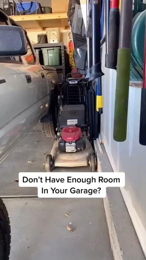 Lawnmower Garage Storage, How To Store Wheelbarrow In Garage, Wheelbarrow Storage Ideas, How To Store Golf Clubs In Garage, Garage Mower Storage, Garage Power Washer Setup, Garage Organization Ideas Lawn Mower, Garage Organization Lawn Mower, Garage Storage Lawn Mower