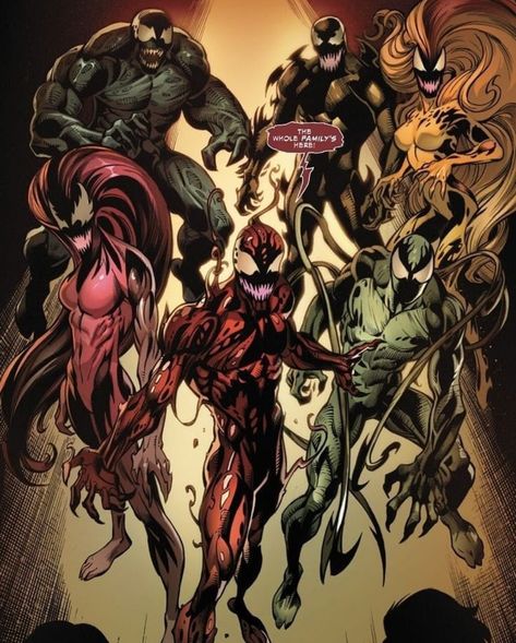 Symbiotes.  The whole family is here. Symbiote Family - Venom, Carnage, Toxin, Scream, Riot, Phage Marvel Symbiotes, Carnage Venom, All Spiderman, Venom Symbiote, Carnage Marvel, We Are Venom, Venom Carnage, Venom Art, Venom Comics