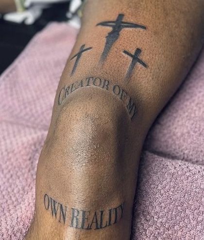 Cross On Knee Tattoo, 3 Crosses Tattoo Men Leg, Pelvic Tattoo Men, Cross Shin Tattoo, Cross Knee Tattoo, Cool Knee Tattoos For Men, Thigh Cross Tattoo, Leg Tattoo Men Cross, Christian Leg Tattoo