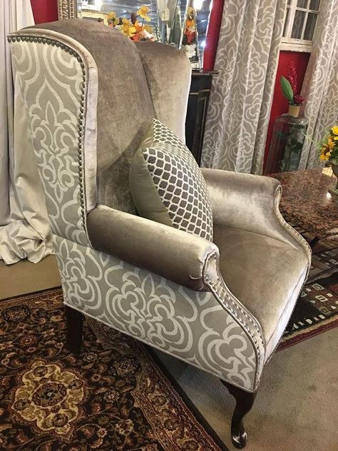 Wing Back Chairs Living Room, Wing Chair Upholstery Ideas, Wing Back Chairs Reupholster, Chair Upholstery Ideas, Wing Chair Upholstery, Upholstered Chairs Diy, Wing Back Chairs, Furniture Reupholstery, Upholstery Ideas