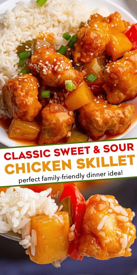 This Sweet and Sour Chicken Skillet is the perfect family dinner! Chicken is fried until crispy, added to a skillet with sautéed bell peppers, onions and pineapple, and tossed in an amazing takeout style sweet and sour sauce! #sweetandsour #chicken #chinese #takeout Dinner Recipes With Turkey, Recipes With Turkey Bacon, Sweat And Sour Chicken, Dinner Recipes Turkey, Family Dinner Chicken, Recipes With Turkey, Chicken Chinese, The Chunky Chef, Chunky Chef