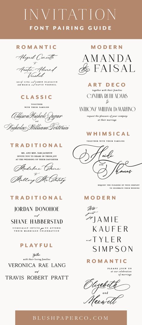 wedding font pairing guide - blog.blushpaperco.com Font Pairing Wedding Invitation, Wedding Font Combinations Free, Wedding Invitation Calligraphy Handwriting, Invitation Font Combinations, Cricut Wedding Sign Fonts, Cursive Wedding Fonts, Font Invitation Wedding, Wedding Invitation Canva Fonts, Free Canva Font Pairings Wedding