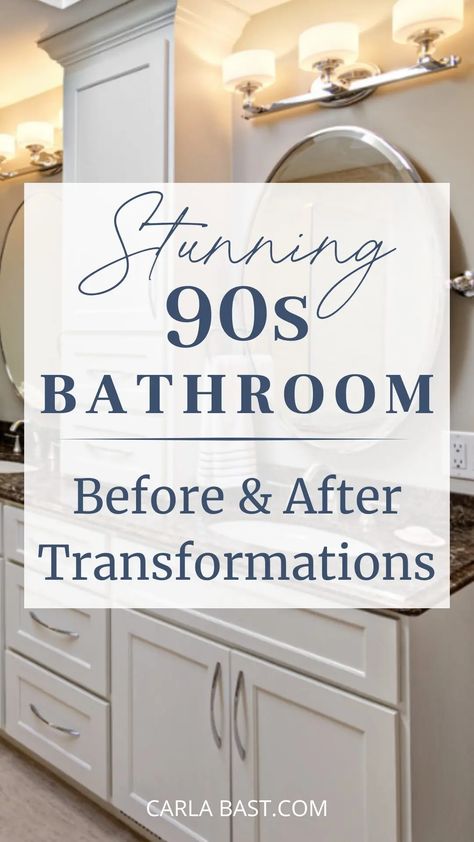 90s Bathroom Makeover Ideas | Carla Bast Design Small Bathroom Before And After, 90s Bathroom Update, Master Bathrooms 2024 Trends, 90s Bathroom Makeover, Primary Bathroom Remodel, 90s Bathroom, Primary Bathrooms, Bathroom Makeover Ideas, Small Full Bathroom