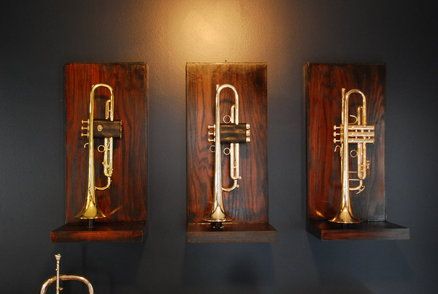 Trumpet Stands Trumpet On Wall, How To Display Instruments, Music Instrument Display, Trumpet Storage, Teen Music Bedroom, Library Hallway, Bedroom Wood Wall, Musician Room, Trumpet Accessories