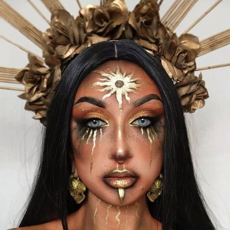 Golden Goddess Makeup Halloween, Gold Makeup Looks Halloween, Beautiful Ghost Makeup, Leo Inspired Makeup, Sun Goddess Makeup Halloween, Sun Goddess Costume Makeup, Gold Sun Makeup, Celestial Makeup Halloween, Gold Witch Makeup